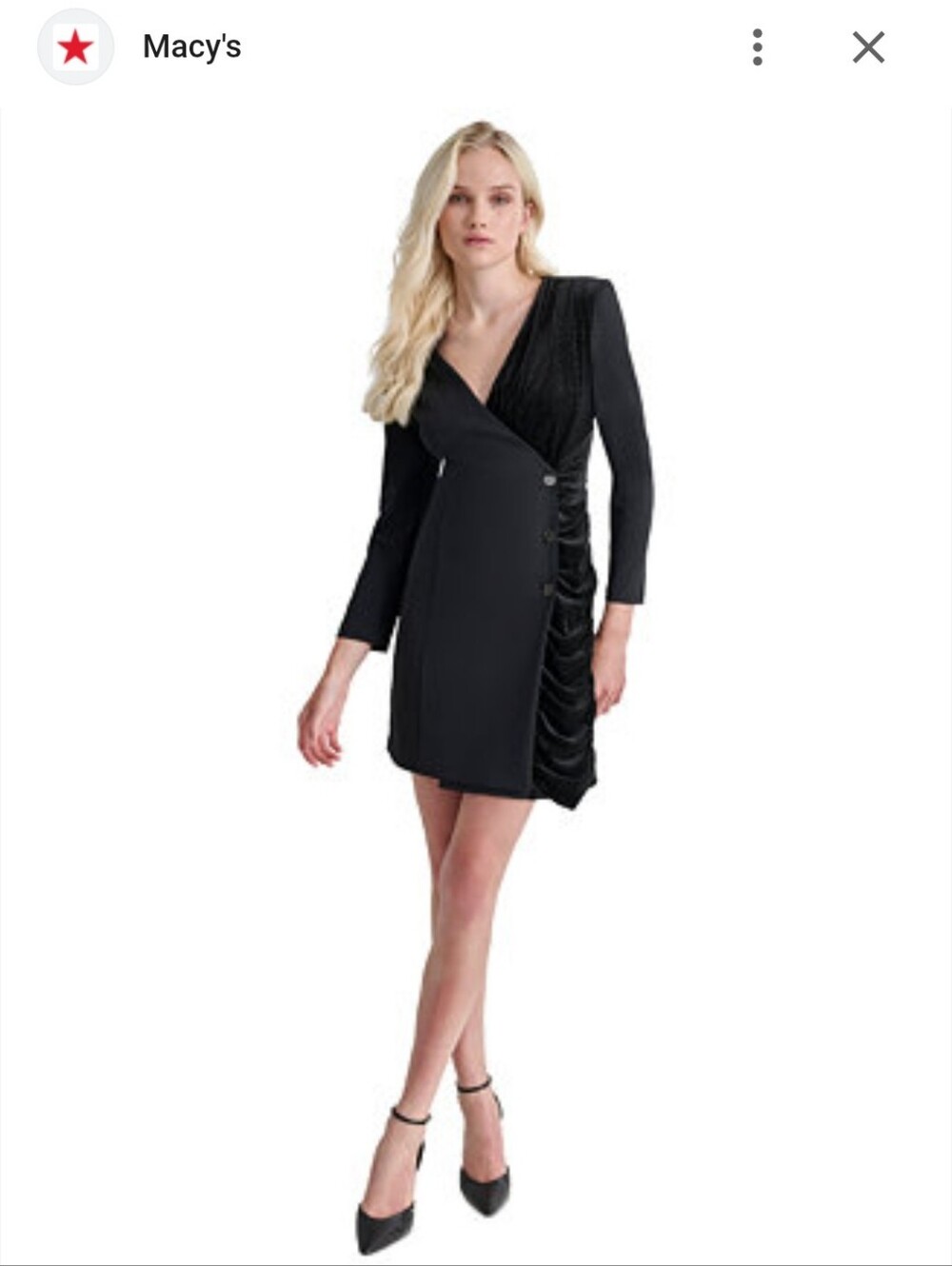 Macy's Black Draped Wrap Mini Dress with Button Detail